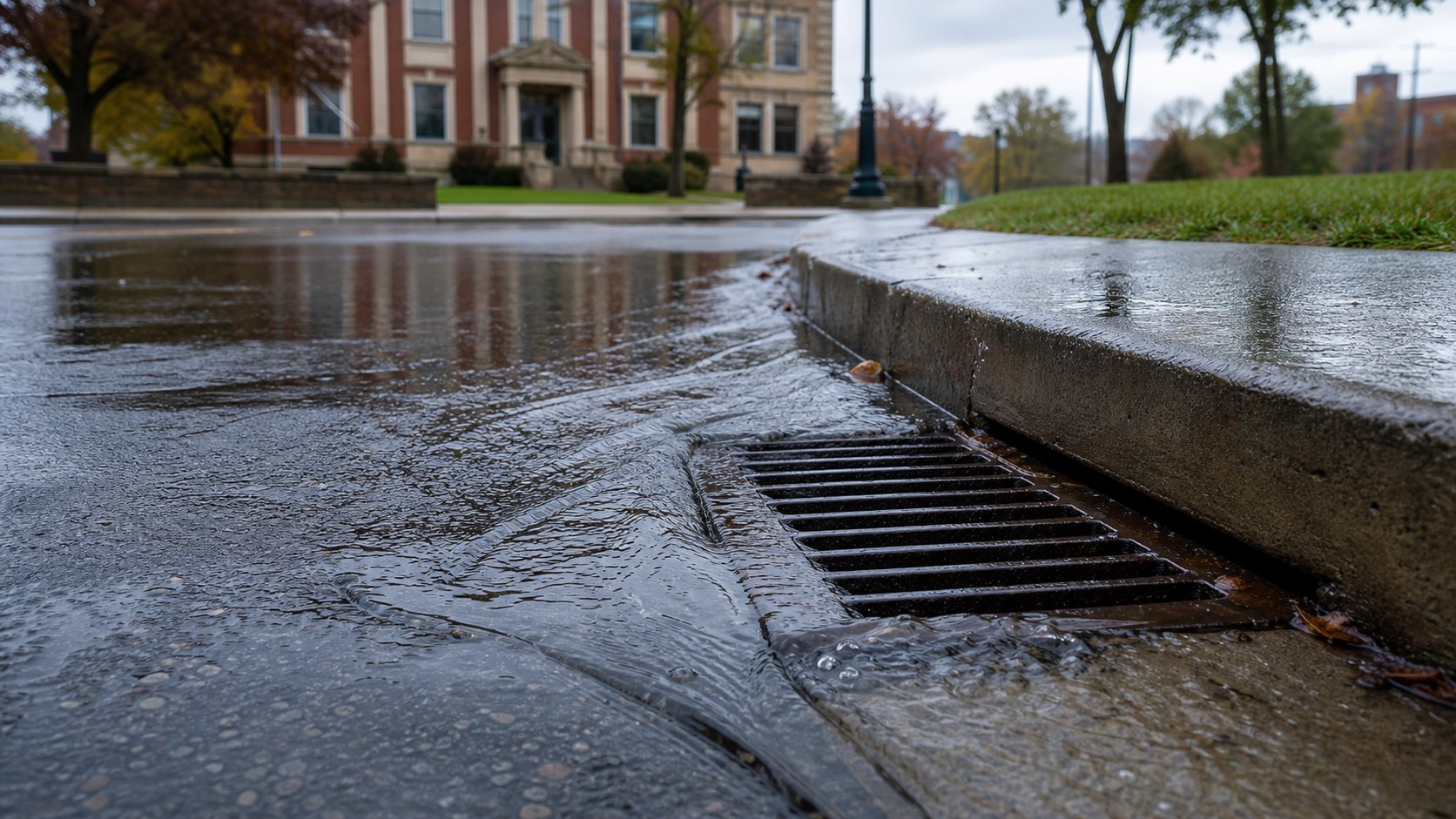 Stormwater flowing into a curbside storm drain inlet outside a municipal building